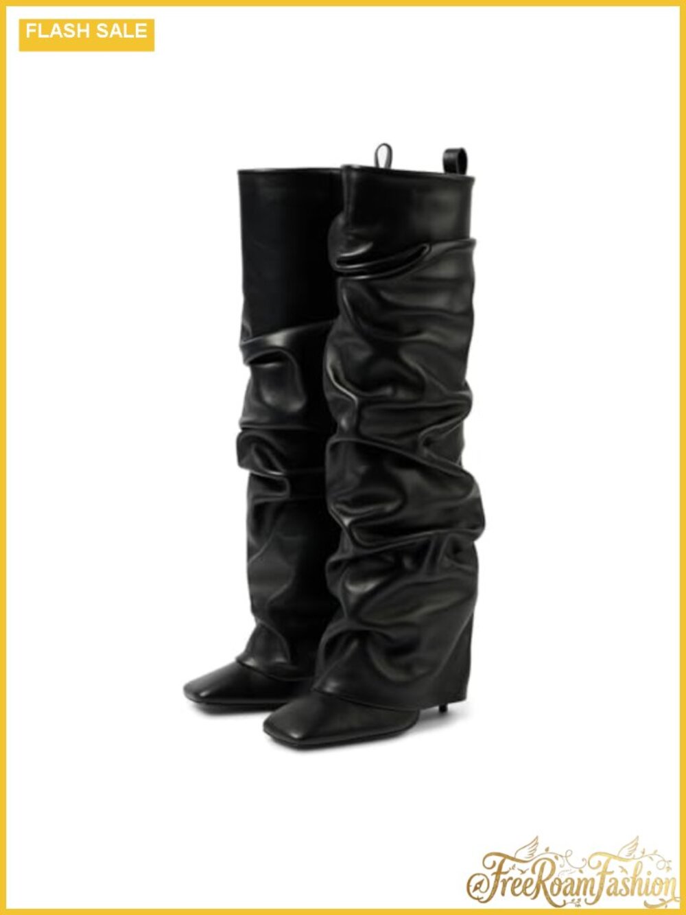 Faux Leather Square Toe Stiletto Knee High Slip On Boots Women Tall Fold Over